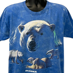 Vintage Y2Ks Polar Bears Alaska T Shirt Bleach Spotted Tie Dye Blue L Large